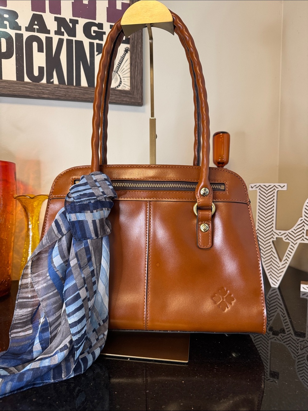 Classic Cognac Leather Tote with Scarf